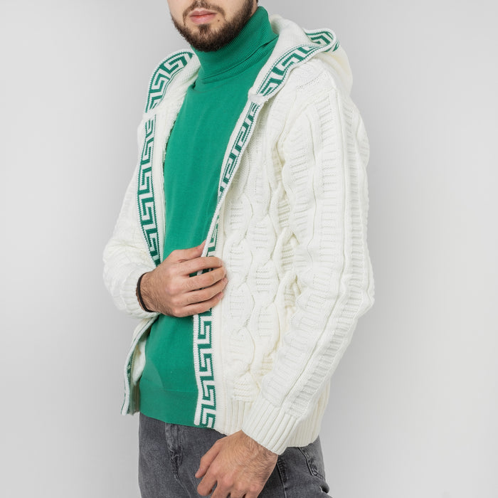 White&Green Cable Knit Grecian Tailored-Fit Zip-Up Hooded Cardigan