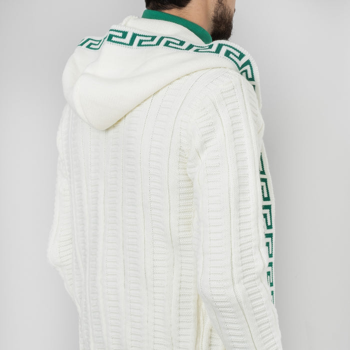 White&Green Cable Knit Grecian Tailored-Fit Zip-Up Hooded Cardigan