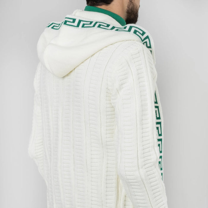 White&Green Cable Knit Grecian Tailored-Fit  Hooded Cardigan