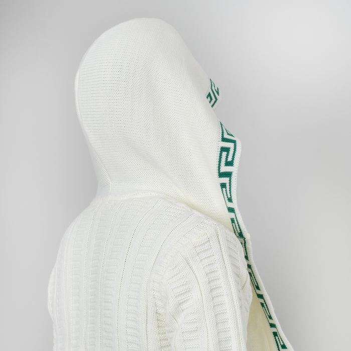 White&Green Cable Knit Grecian Tailored-Fit Zip-Up Hooded Cardigan