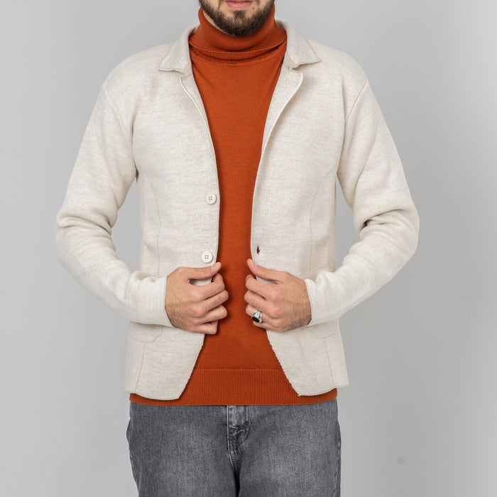 Beige Button-Up High Collar Tailored-Fit Zip-Up Cardigan