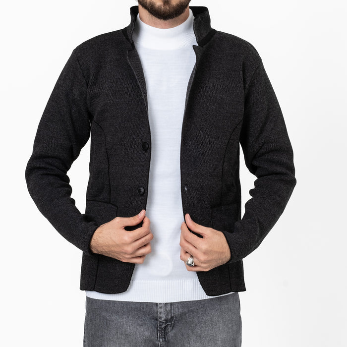 Charcoal Gray Button-Up High Collar Tailored-Fit Zip-Up Cardigan