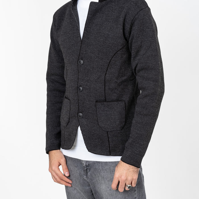 Charcoal Gray Button-Up High Collar Tailored-Fit Zip-Up Cardigan