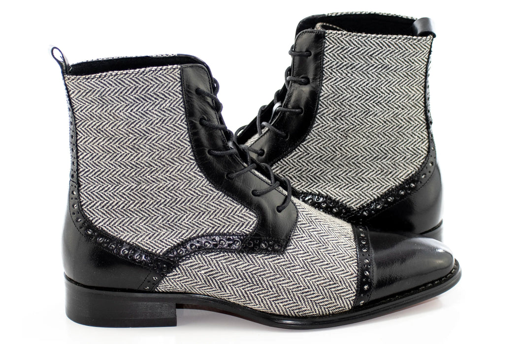 Black Leather and Herringbone Tweed Boot