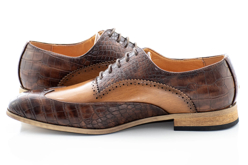 Tan Crocodile Textured Oxford Wingtip Lace-Ups