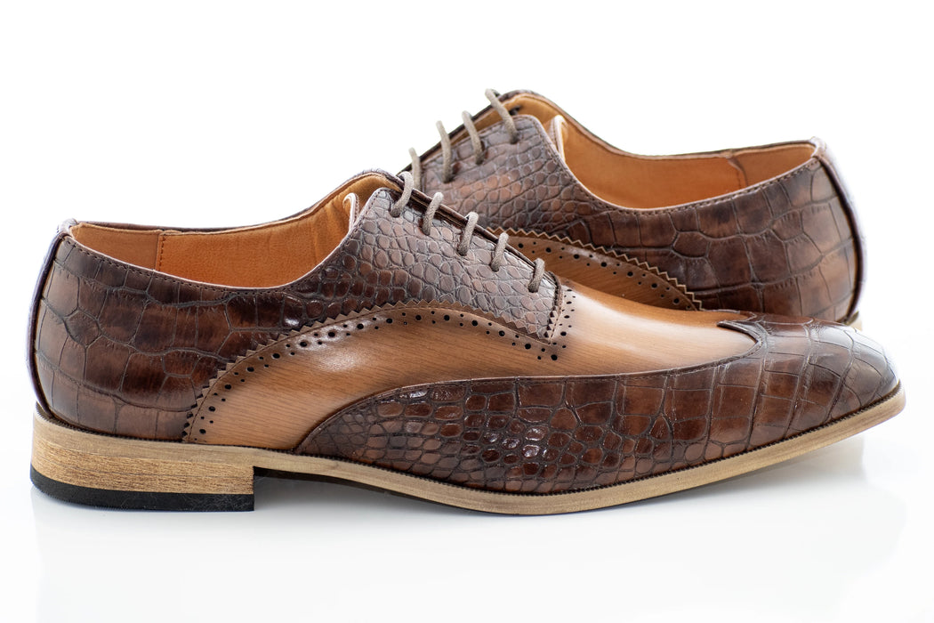 Tan Crocodile Textured Oxford Wingtip Lace-Ups