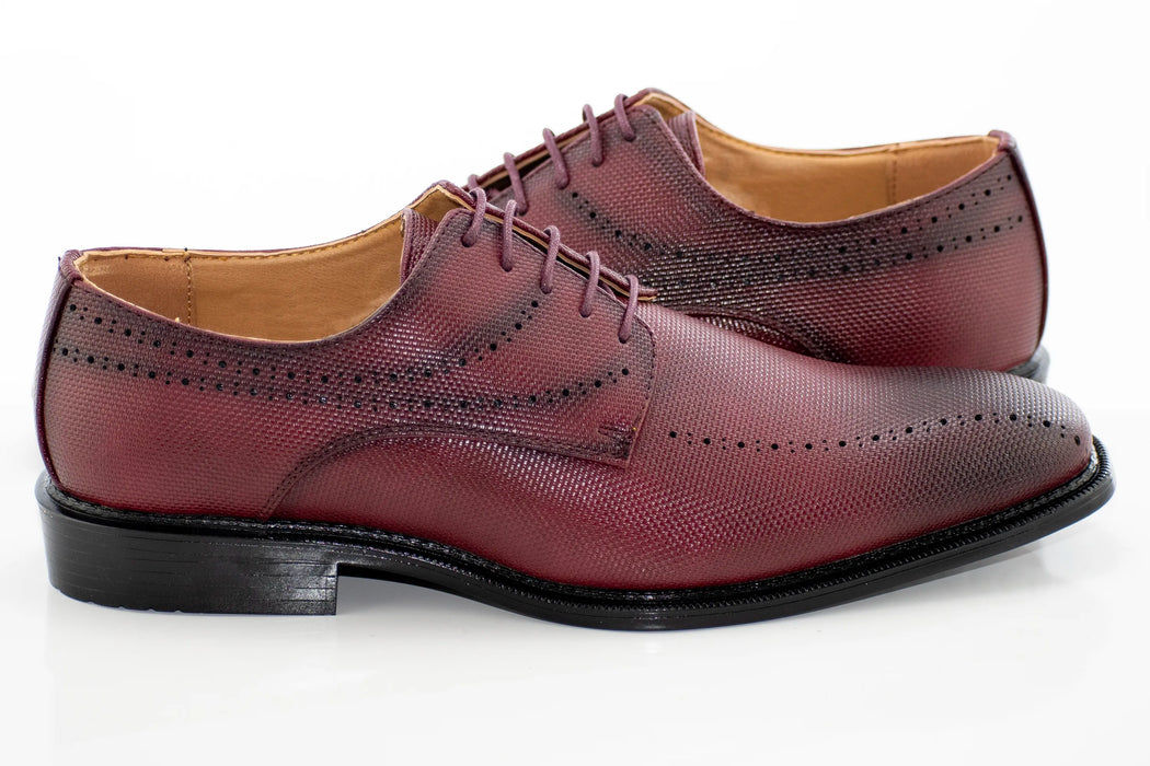 Burgundy Perforated and Textured Leather Derby Lace-Ups