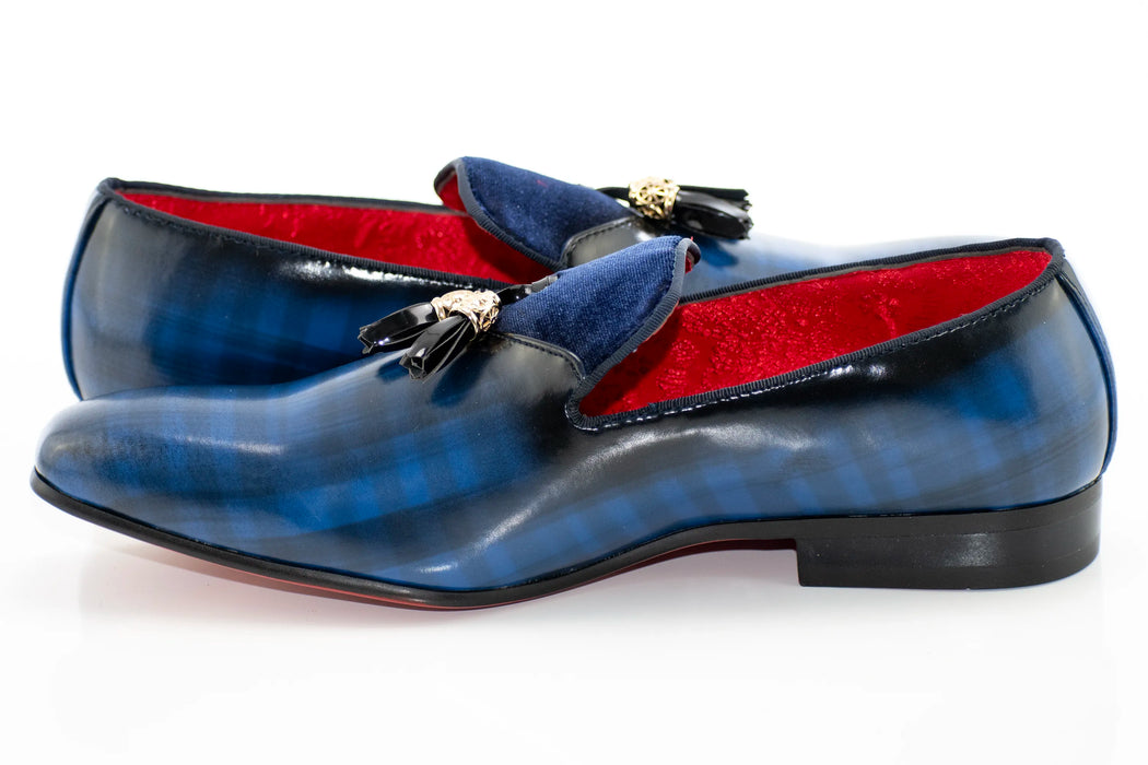 Navy Blue Leather and Velvet Tassel Loafer