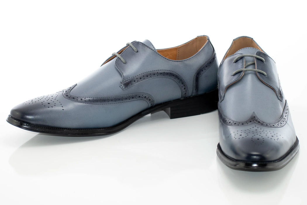 Gray and Navy Leather Wingtip Derby Lace-Up