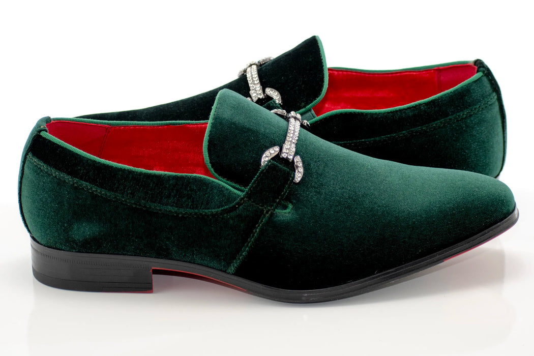 Men's Green Velvet Rhinestone-Bit Dress Loafer