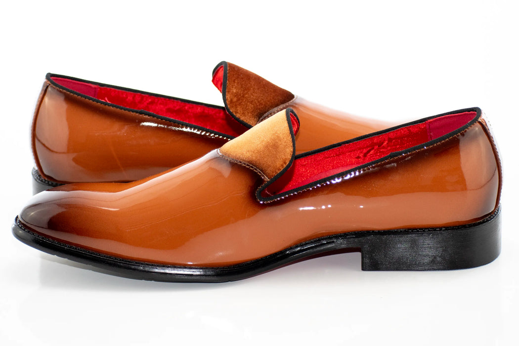 Tan Patent Leather and Velvet Loafer