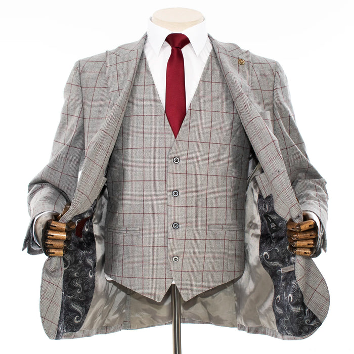 Gray and Burgundy Windowpane 3-Piece Tailored-Fit Suit