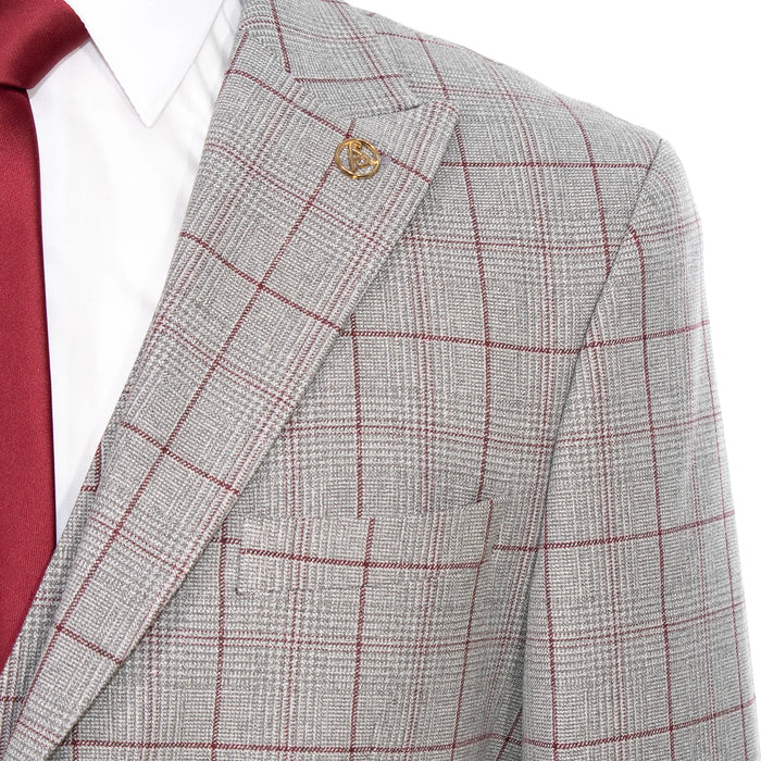 Gray and Burgundy Windowpane 3-Piece Tailored-Fit Suit