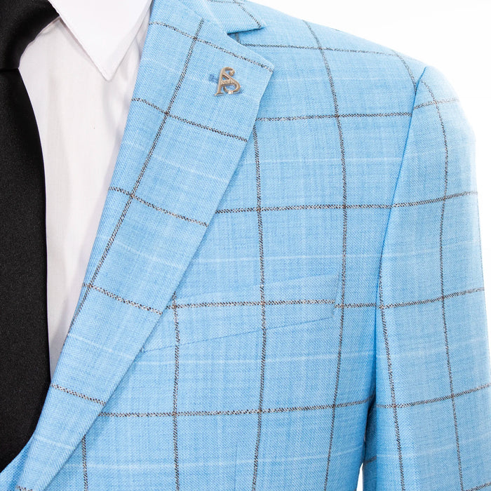 Sky Blue Windowpane 3-Piece Tailored-Fit Suit