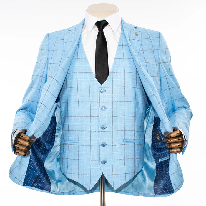 Sky Blue Windowpane 3-Piece Tailored-Fit Suit