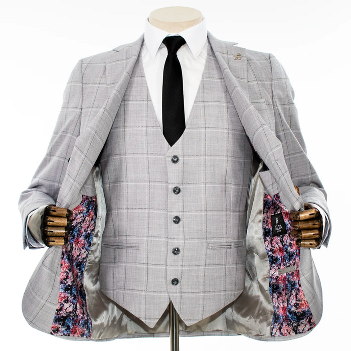 Ash Gray Windowpane 3-Piece Tailored-Fit Suit