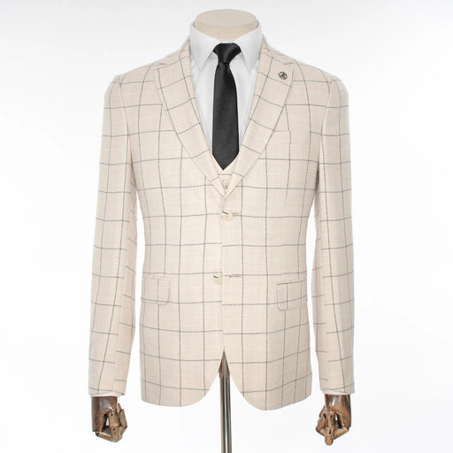Beige Windowpane 3-Piece Tailored-Fit Suit