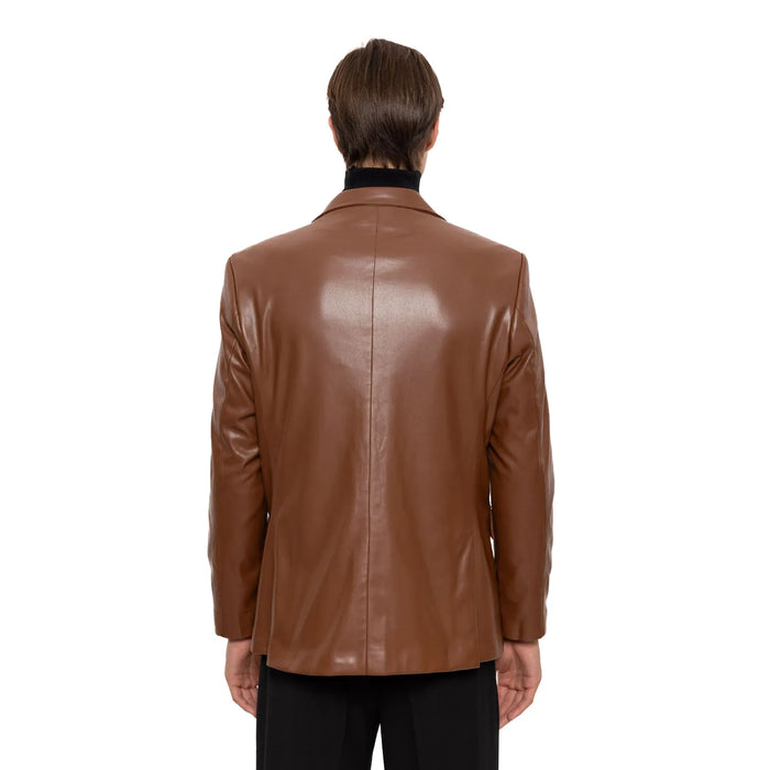 Men's Brown Slim-Fit Leather Blazer Vegan Leather