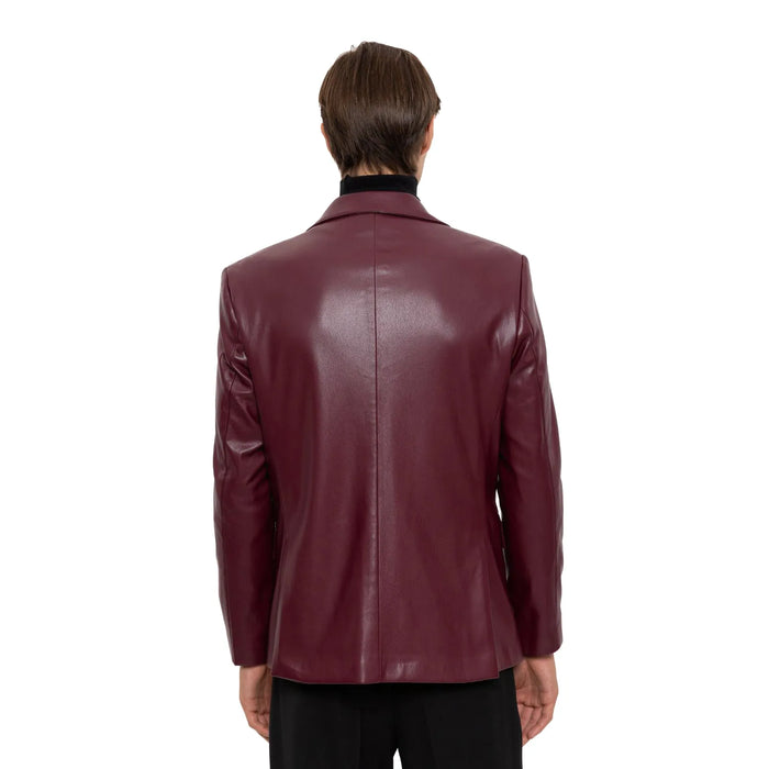 Men's Burgundy Slim-Fit Leather Blazer Vegan Leather