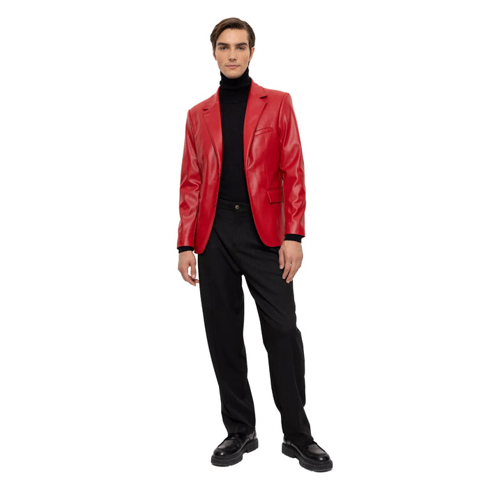 Men's Red Slim-Fit Leather Blazer Vegan Leather