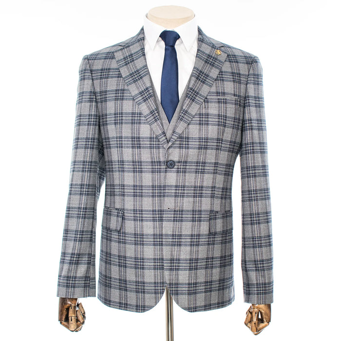 Gray and Blue Plaid 3-Piece Tailored-Fit Suit