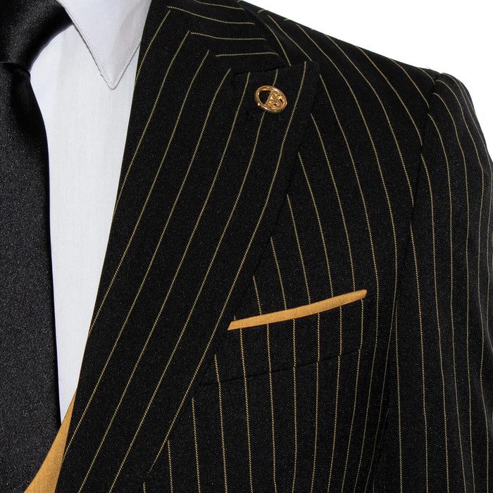 Men's Black with Gold Pinstripe 3-Piece Slim-Fit Suit