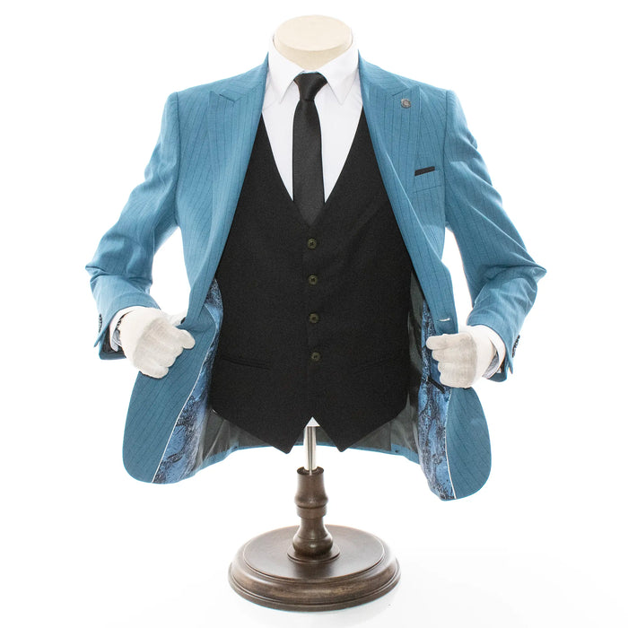 Men's Black And Blue Pinstripe 3-Piece Slim-Fit Suit