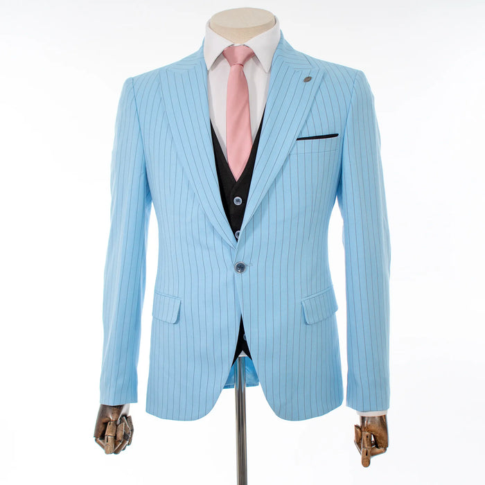 Men's Sky Blue with Black Pinstripe 3-Piece Slim-Fit Suit
