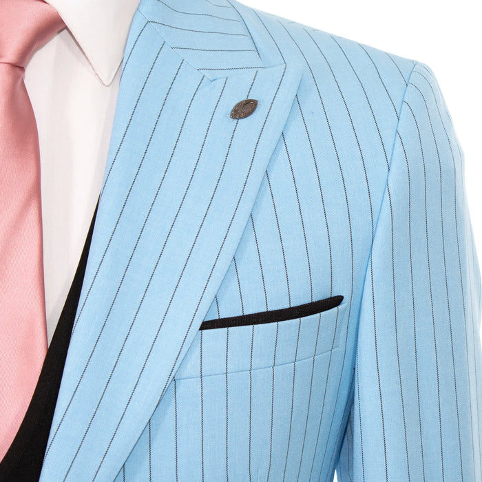 Men's Sky Blue with Black Pinstripe 3-Piece Slim-Fit Suit