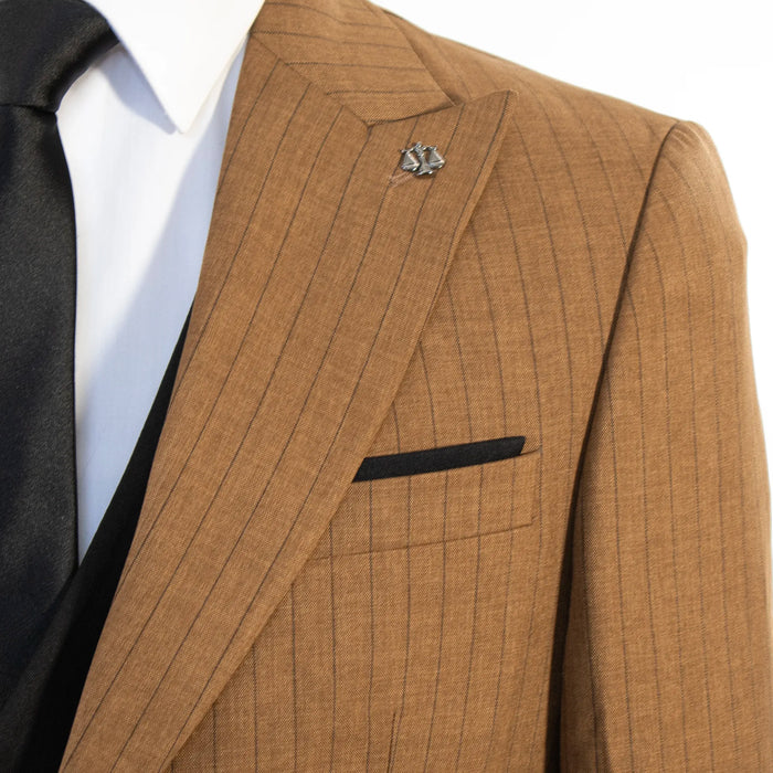 Taupe with Black Pinstripe 3-Piece Slim-Fit Suit