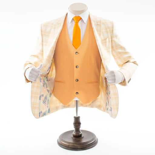 Beige Plaid 3-Piece Tailored-Fit Suit With Peak Lapels