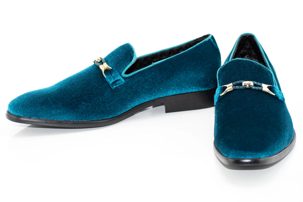 Teal Velvet Smoking Loafer with Braided Leather Snaffle