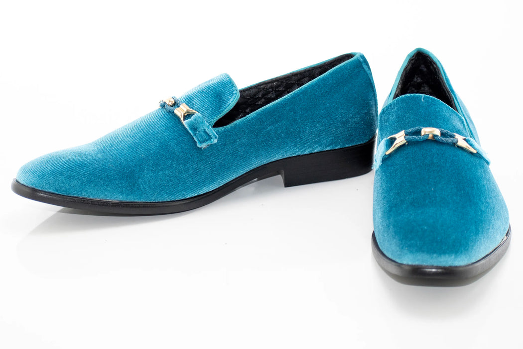 Turquoise Velvet Smoking Loafer with Braided Leather Snaffle