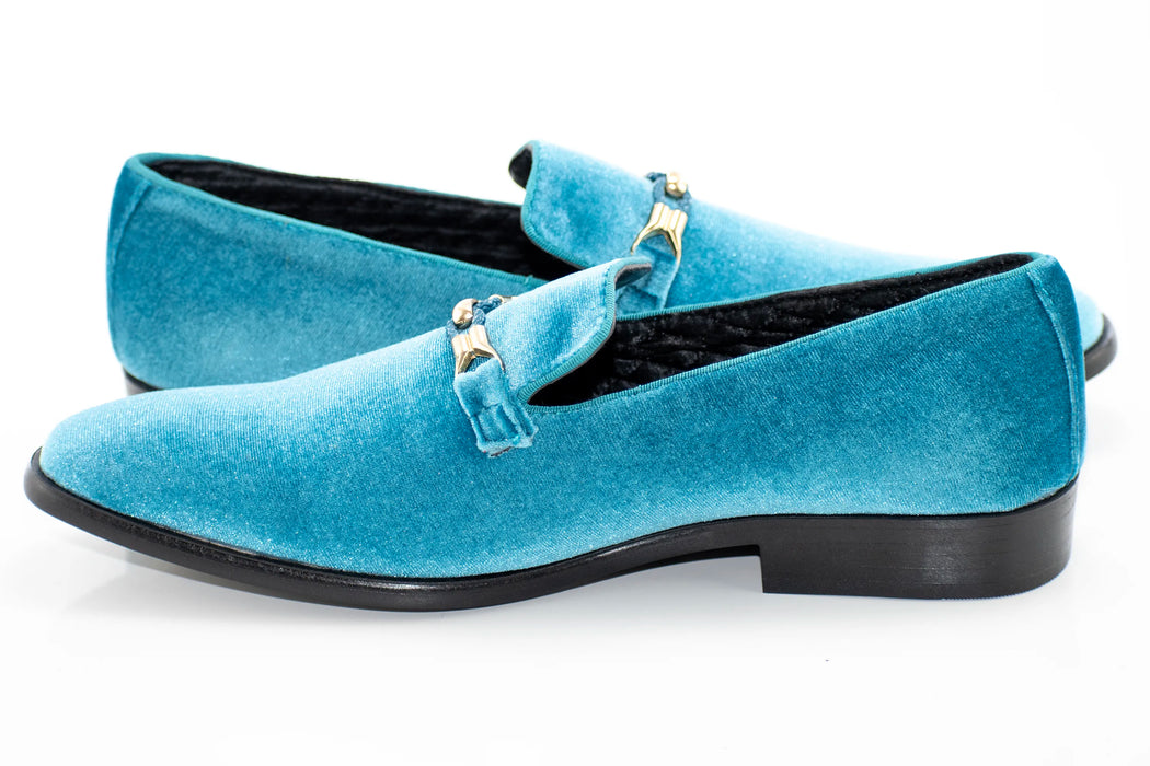 Turquoise Velvet Smoking Loafer with Braided Leather Snaffle