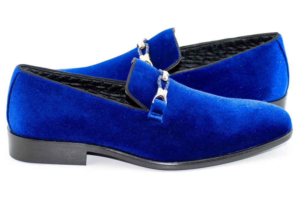 Royal Blue Velvet Smoking Loafer with Braided Leather Snaffle