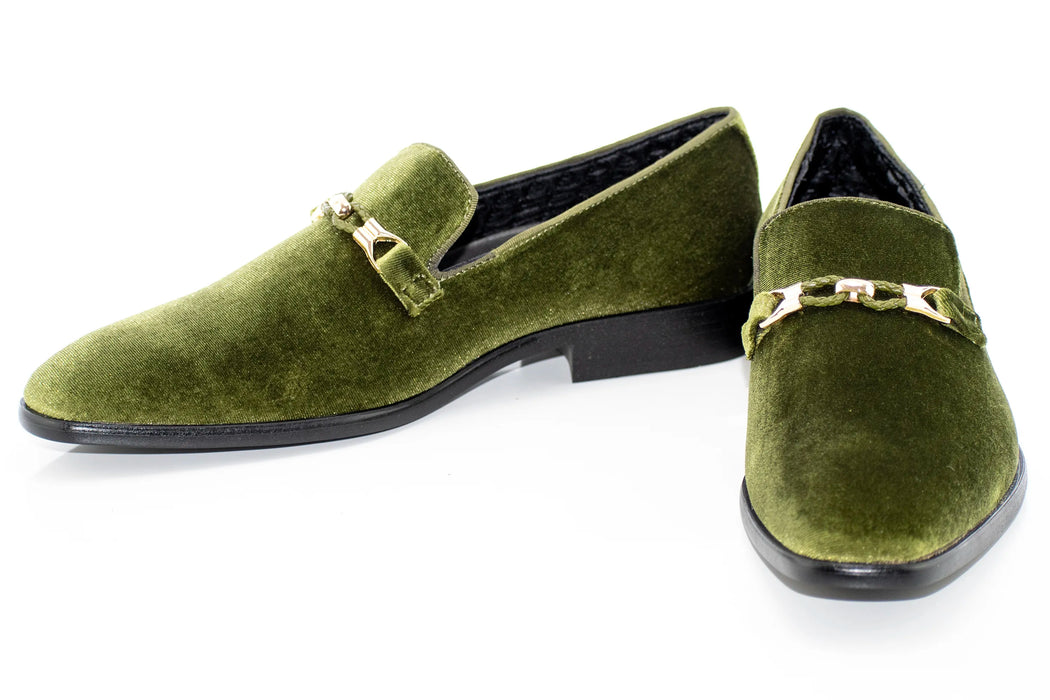 Olive Velvet Smoking Loafer with Braided Leather Snaffle