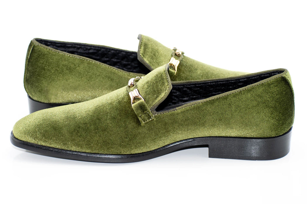 Olive Velvet Smoking Loafer with Braided Leather Snaffle