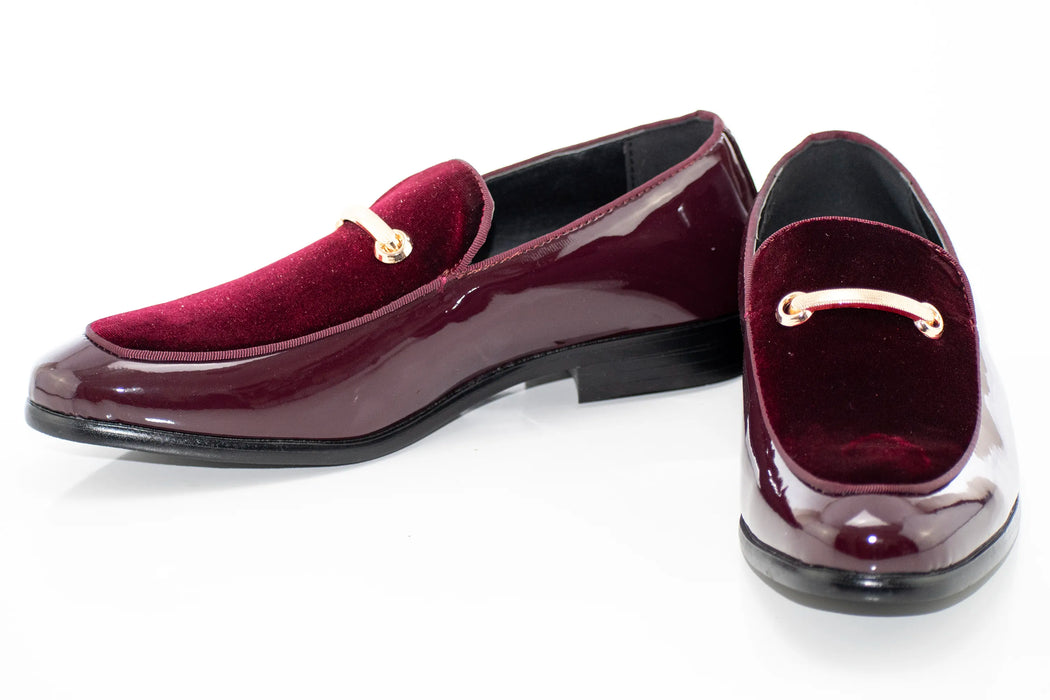 Burgundy Velvet and Patent Leather Smoking Loafers with Gold Bit