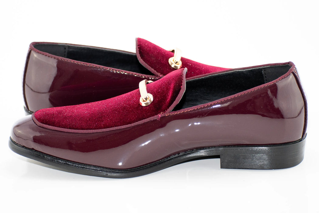 Burgundy Velvet and Patent Leather Smoking Loafers with Gold Bit