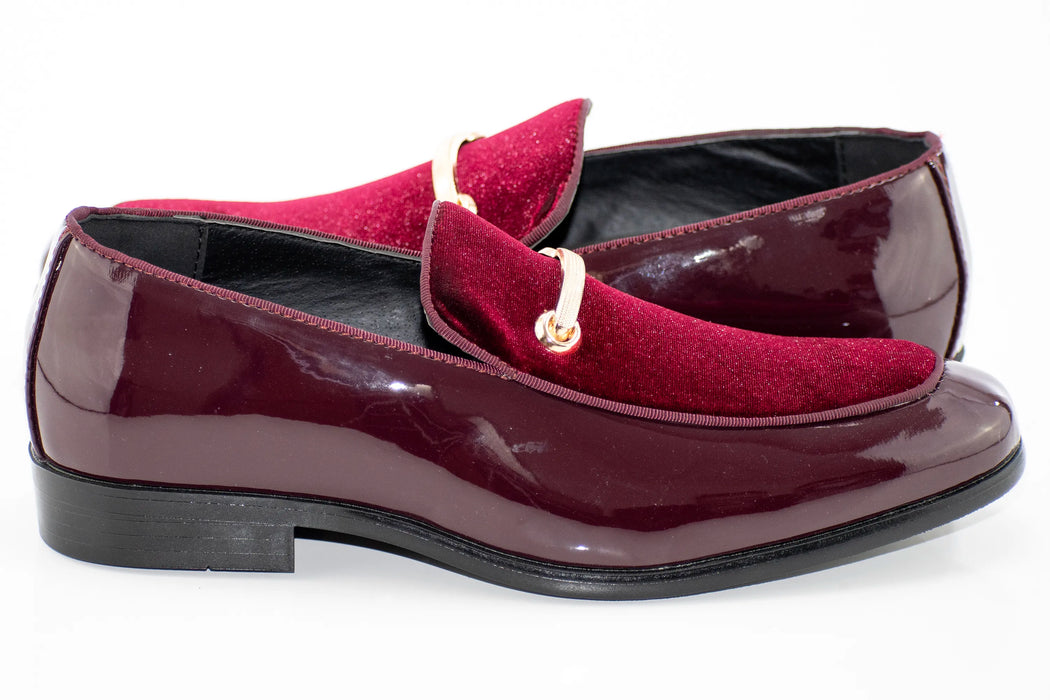 Burgundy Velvet and Patent Leather Smoking Loafers with Gold Bit