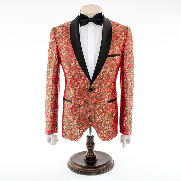 Red And Green Classic Paisley 3-Piece Slim-Fit Tuxedo With Satin Shawl Lapels