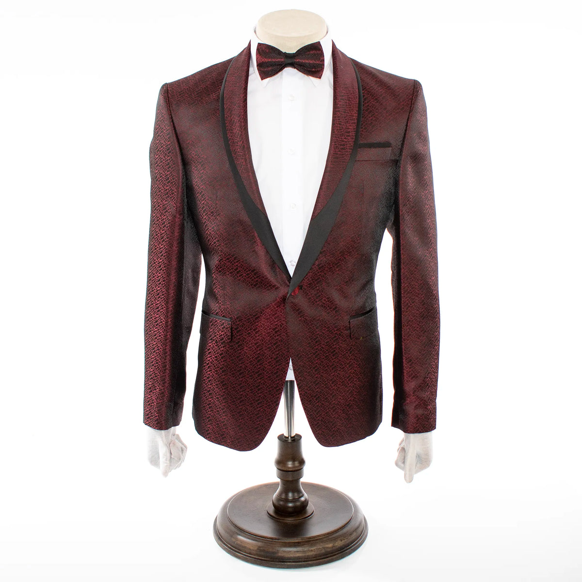 A Shawl lapel jacquard patterned burgundy tuxedo suit by dejiandkola - -  Afrikrea