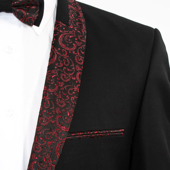 Black 2-Piece Slim-Fit Tuxedo with Burgundy Pattern Shawl Lapel