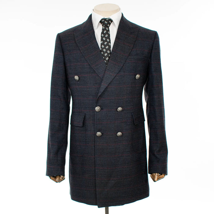 Navy Blue and Burgundy Plaid Slim-Fit Buckled Peacoat