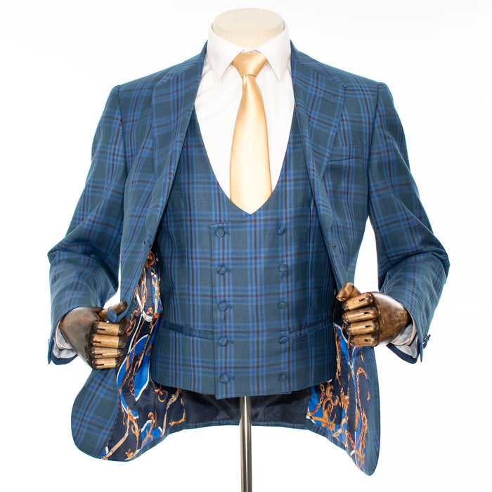 Indigo Plaid 3-Piece Modern-Fit Suit With Peak Lapels
