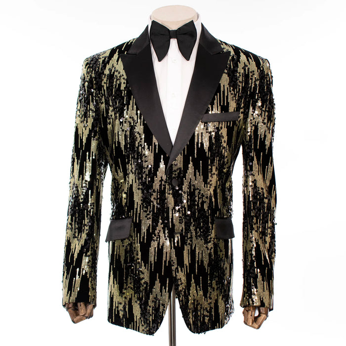 Black with Gold Matrix Sequins Slim-Fit Tuxedo Jacket