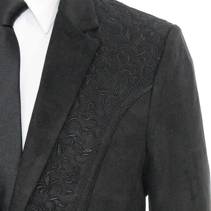 Black Suede Western Embroidery Slim-Fit Blazer