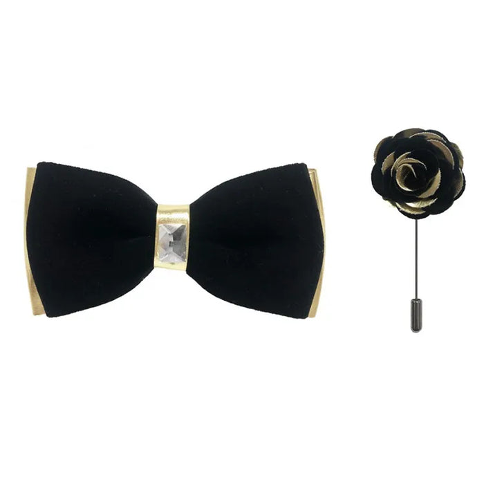 Gold Two-Toned Velvet Bow Tie and Lapel Pin