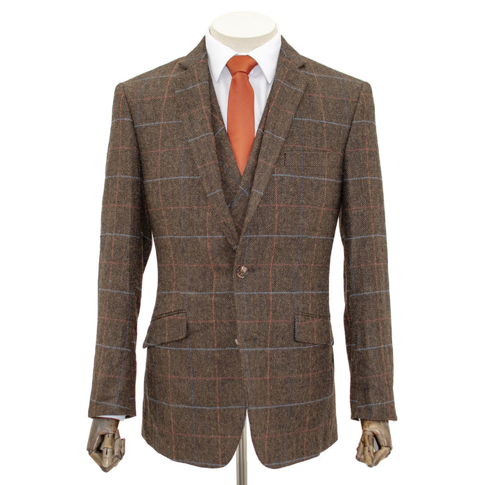 Brown Windowpane Herringbone 3-Piece Slim-Fit Suit