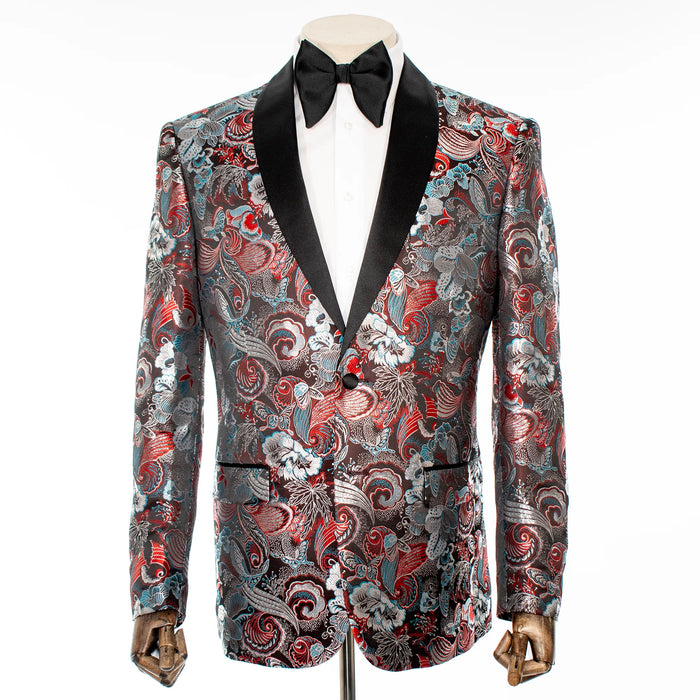 Burgundy Metallic Floral Slim-Fit Tuxedo Jacket